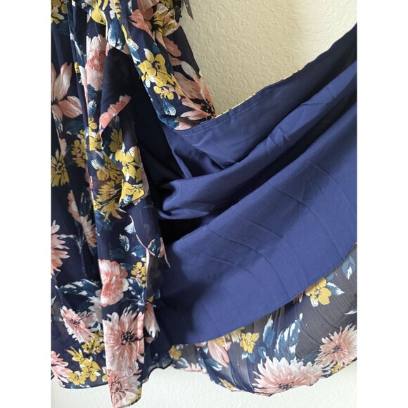 New Lulus Soiree Navy Blue Floral Print Ruched Midi Dress Size XS‎ - Picture 6 of 8